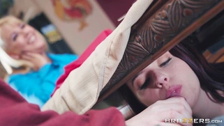 Karlie Brooks sucking wide boner underneath the table