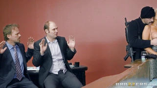 Bridgette B and Nina Kayy show off their huge tits to a pair of robbers