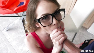 Angel Smalls eagerly works over his cock orally