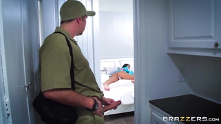 August Ames wakes up to find a big-dicked technician in her bedroom