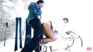 Hot skier Nikki Dream gets doggystyle pounding on the sledge