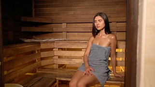 Sauna sex with a hot brunette babe