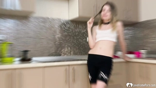 Babe gets fucked on a kitchen counter