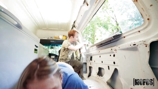 Busty Carly Rae rides hard rod with her trimmed pussy