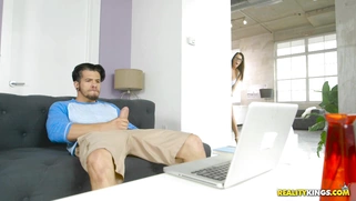 Brunette Reagan Foxx caught the guy pleasing his dick