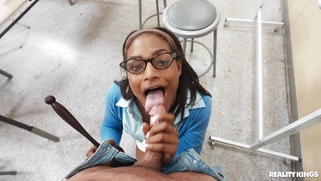 Rhae Woods on her knees is sucking black dick