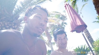 Two guys play with Jade Jantzen's holes in the pool