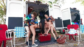 Madalina Moon and Wicca LaVey get fucked standing outdoors