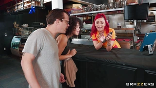 Busty Brandy Salazar gets pussy fucked standing in the cafe