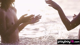 Nude asian teen and GF watch the sunset