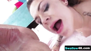 Dirty hotties swallow cock and licking balls