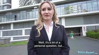 In a public restroom, a sexy hotel employee fucks a large, fat cock in point of view