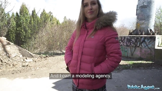 A beautiful woman with a model looking figure gives and outdoor blowjob before fucking