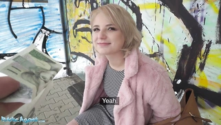 Short hair blonde amateur teen with soft natural body picked up as bus stop