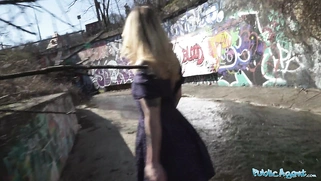 Horny blonde flasher gets her pussy creampied in a tunnel