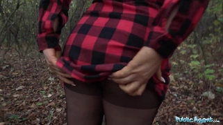 Beautiful Busty Blonde takes her clothes off in the woods before fucking