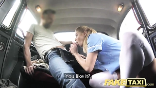 Fake taxi nurse in sexy lingerie having sex in a car