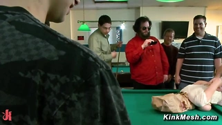 Busty sub bound and exposed in public