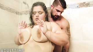 Mature cougar Carla Lane LOVES having her boy toy fuck her breasts in the shower!