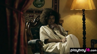 Naked Brazilian touches her ebony pussy