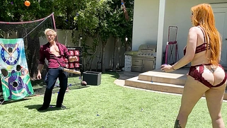 Big-booty redhead MILF plays ball with her stepson's huge white cock