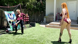 Big-booty redhead MILF plays ball with her stepson's huge white cock