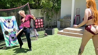 Big-booty redhead MILF plays ball with her stepson's huge white cock