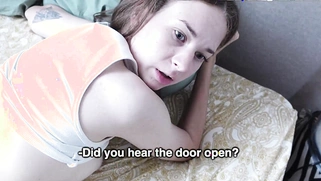 Skinny Busty Teen Cheats While Boyfriend Takes Shower