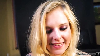 Hot blonde girl sucks cock while talking on phone