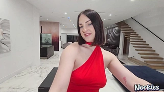 LucyLotua in Red Halter Dress Spreads Cheeks for Hardcore Penetration