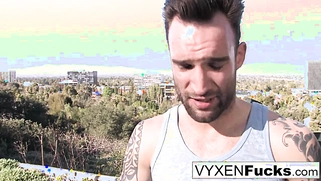 Sexy Vyxen Steel lets him cum on her huge tits