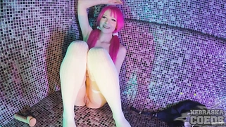 Pink Hair Babe Masturbates with Dildo