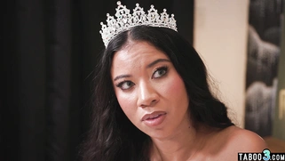 Nervous ebony bride showing her skills
