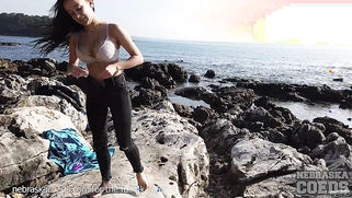 Naked Beach Masturbation with Dildo