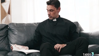 Distressed MILF riding on a priests dick