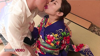 Sultry JAV Star in Kimono Gives Passionate Blowjob During Cam Show