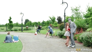 Alessandra Jane seduces the living statue Danny D outdoors
