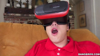 Anya Ivy pleasures Juan's big cock as he is in VR