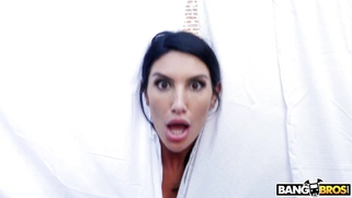 August Ames gets fucked fromf behind standing outdoors