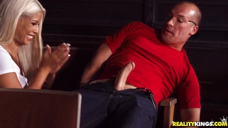 Bridgette B sucking cock behind her boyfriend's back