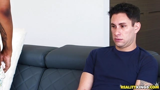 Ebony teen Sarah Banks in sexy high heels seducing white guy