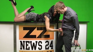 Louise Jensen kissing with him while stroking his cock