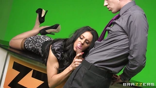 Louise Jensen kissing with him while stroking his cock