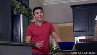 Busty Asian MILF Kianna Dior cleaning the kitchen floor