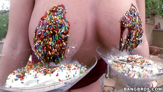 Alison Tyler having her tits covered in whipped cream and chocolate
