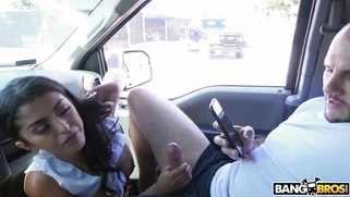 Sophia Leone sucks Jmac's big prick and licks balls in the car