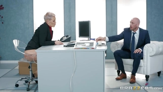 Boss Ryan Keely gets pussy dildoed and licked on the desk