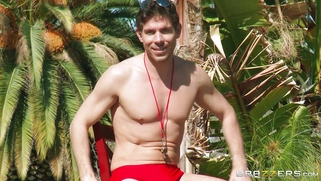 Dani Jensen asks her lifeguard to rub some oil on her